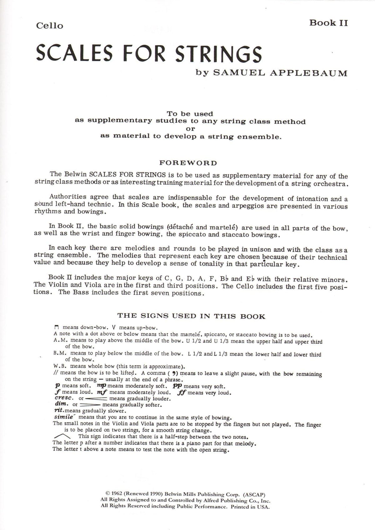 Applebaum, Samuel - Scales For Strings - Book 2 for Cello - Belwin/Mills Publication