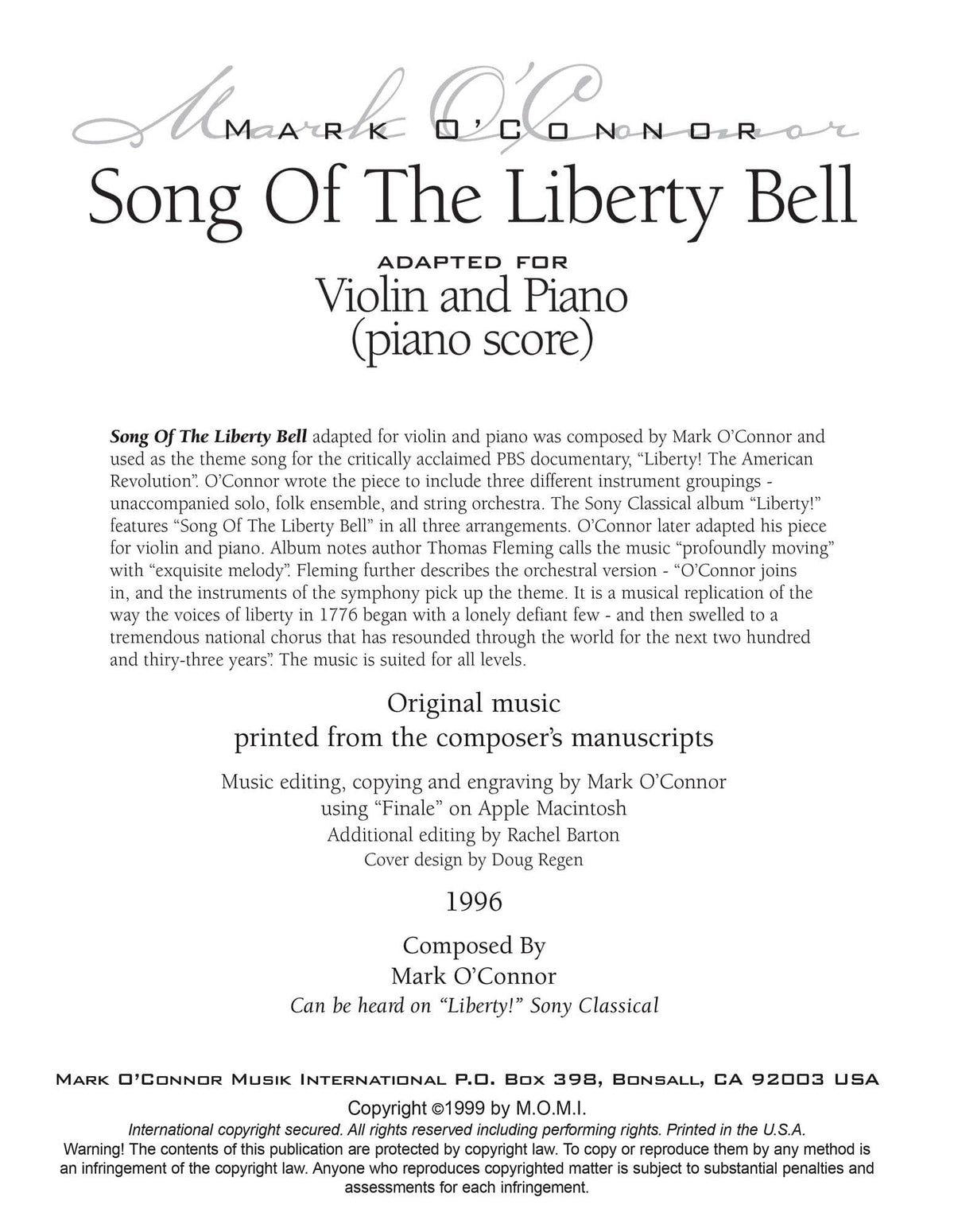 O'Connor, Mark - Song Of The Liberty Bell for Violin and Piano - Piano Score - Digital Download