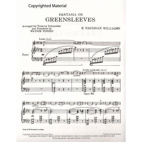 Vaughan Williams, Ralph - Fantasia On Greensleeves For Viola or Cello and Piano Published by Oxford University Press