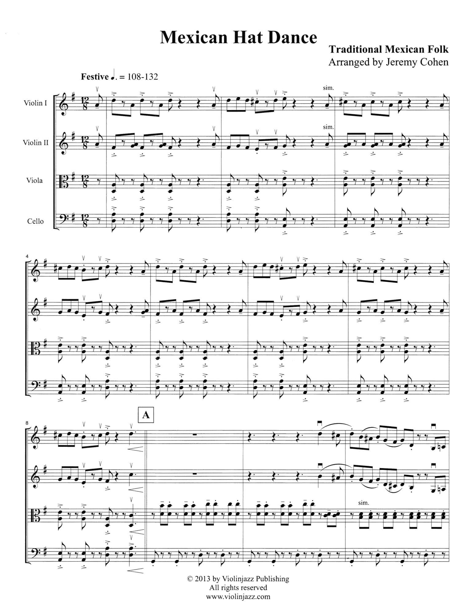 Cohen, Jeremy - Mexican Hat Dance - World Chamber Series - for String Quartet - Violinjazz Editions