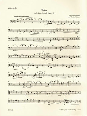 Brahms, Johannes - Trio, after the Sextet in B-flat major, Op. 18 - for Violin, Cello, and Piano - edited by Hogwood - Barenreiter URTEXT