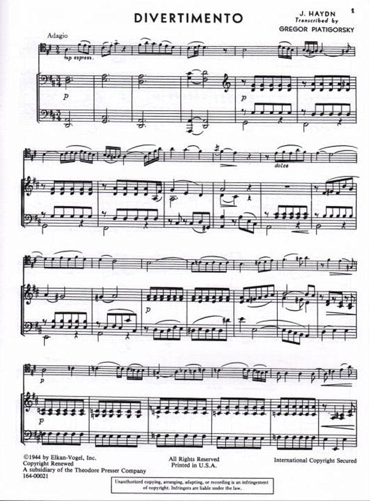 Haydn, Franz Joseph - Divertimento in D Major - Cello and Piano - edited by Gregor Piatigorsky - Elkan-Vogel Edition
