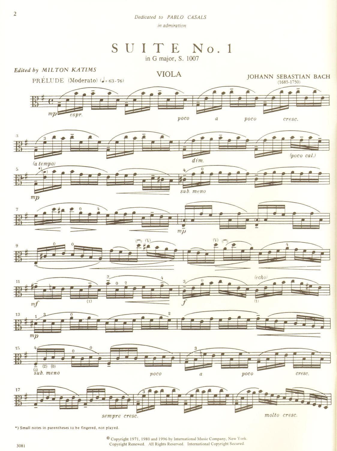 Bach, JS - 6 Cello Suites, BWV 1007-1012 - Viola solo - arranged by Milton Katims - International Music Company