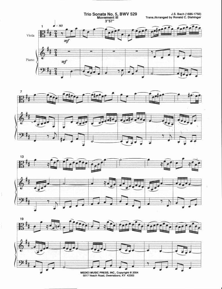 Bach, JS - Trio Sonata No 5, Movement 3 from Six Trio Sonatas, BWV 529 - Viola and Piano - arranged by Ronald Dishinge - Medici Music
