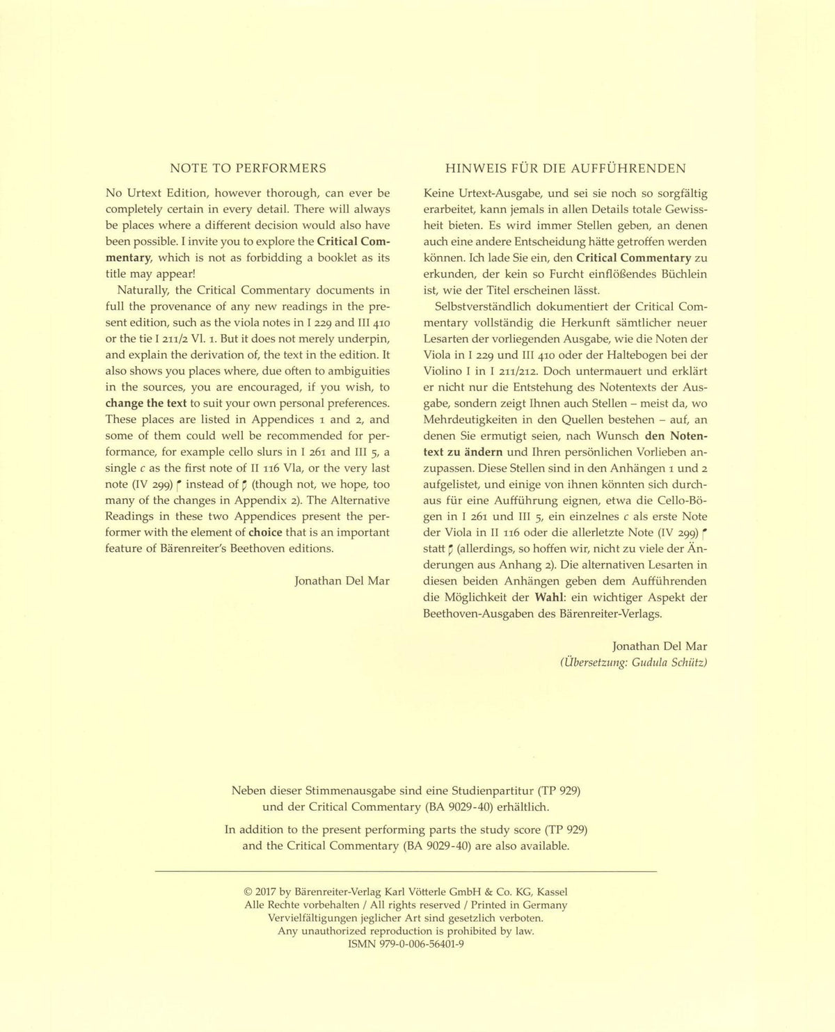 Beethoven, Ludwig van - String Quartet in E-flat major, op. 127 - Parts ONLY - edited by Jonathan Del Mar - Barenreiter URTEXT