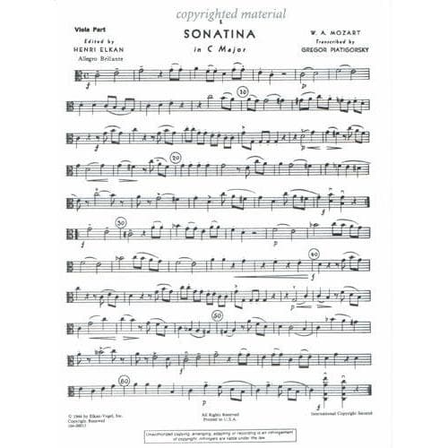 Mozart, WA - Sonatina in C Major - Viola and Piano - edited by Gregor Piatigorsky - Elkan-Vogel Edition