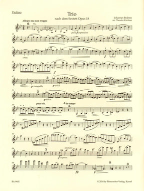 Brahms, Johannes - Trio, after the Sextet in B-flat major, Op. 18 - for Violin, Cello, and Piano - edited by Hogwood - Barenreiter URTEXT