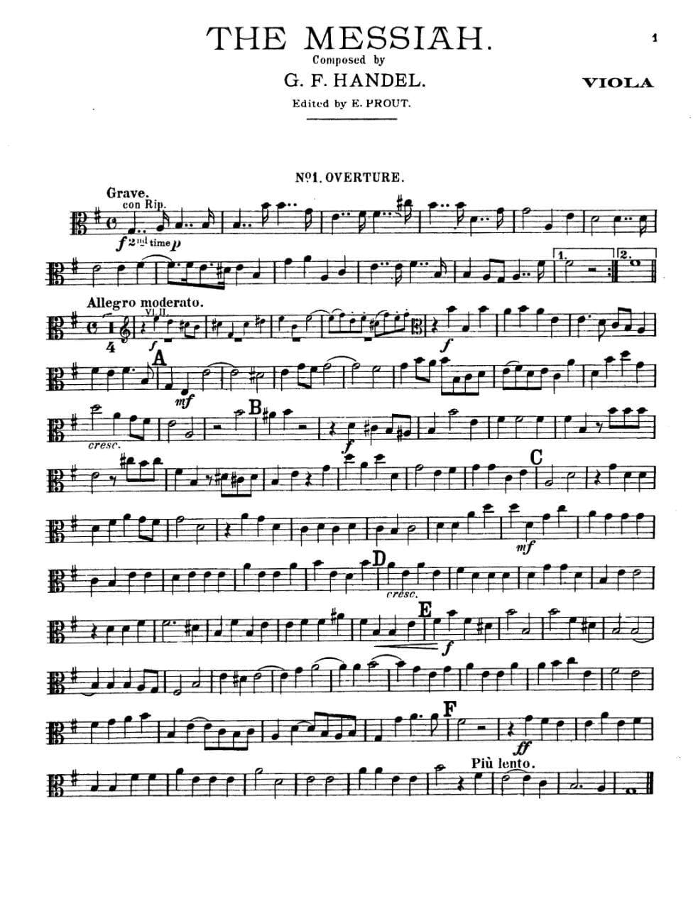 Handel, George Frideric - "Messiah" Oratorio - Viola Part - edited by E Prout - G Schirmer Edition
