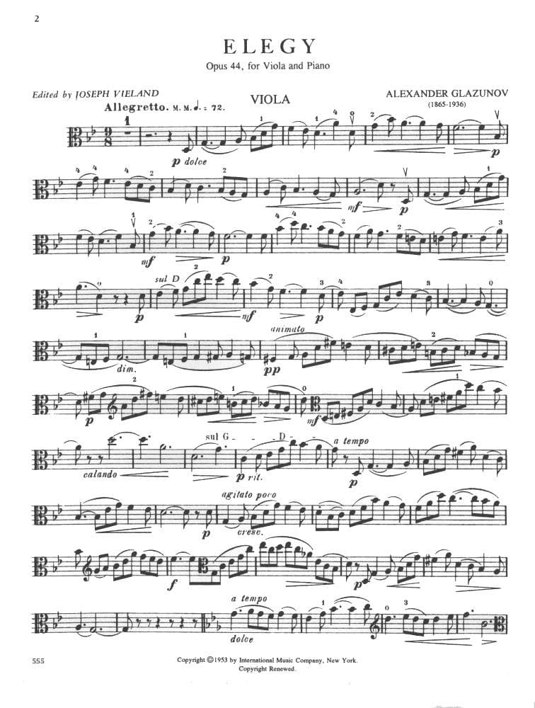 Glazunov, Alexander - Elegy, Op 44 - Viola and Piano - edited by Joseph Vieland - International Edition
