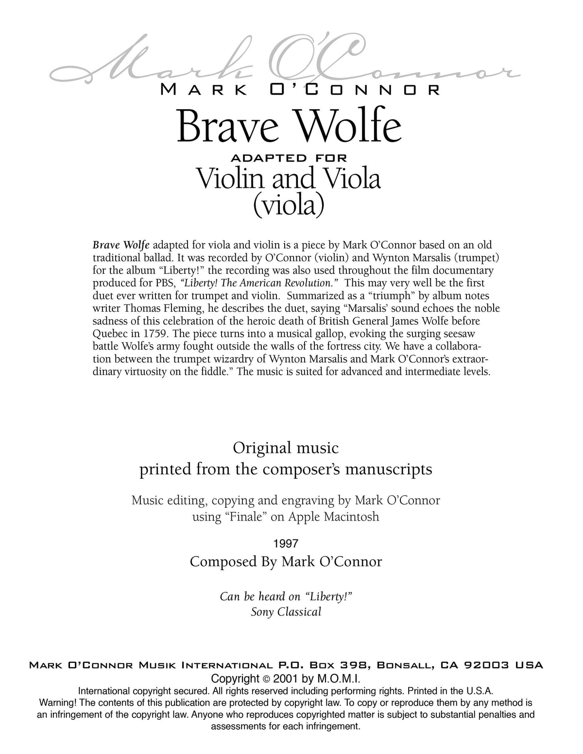O'Connor, Mark - Brave Wolfe for Violin and Viola - Viola - Digital Download