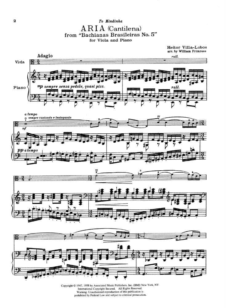 Villa-Lobos, Heitor - Aria from Bachianas Brasilieras No 5 For Viola and Piano with Optional Cello Published by Associated Music Publishers, Inc