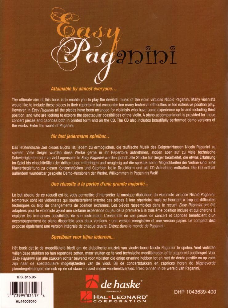 Paganini, Niccolo - Easy Paganini - for Violin and Piano - Book/2-CD set - arranged by Gunter Van Rompaey - de Haske Publications