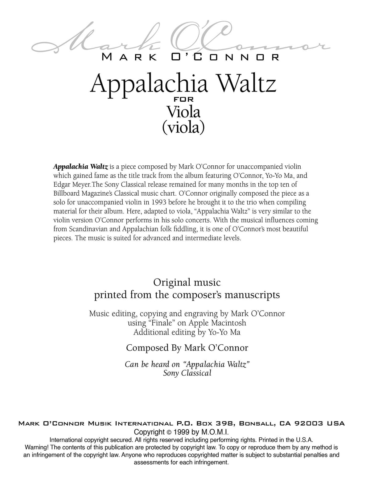 O'Connor, Mark - Appalachia Waltz Unaccompanied Score - Viola - Digital Download