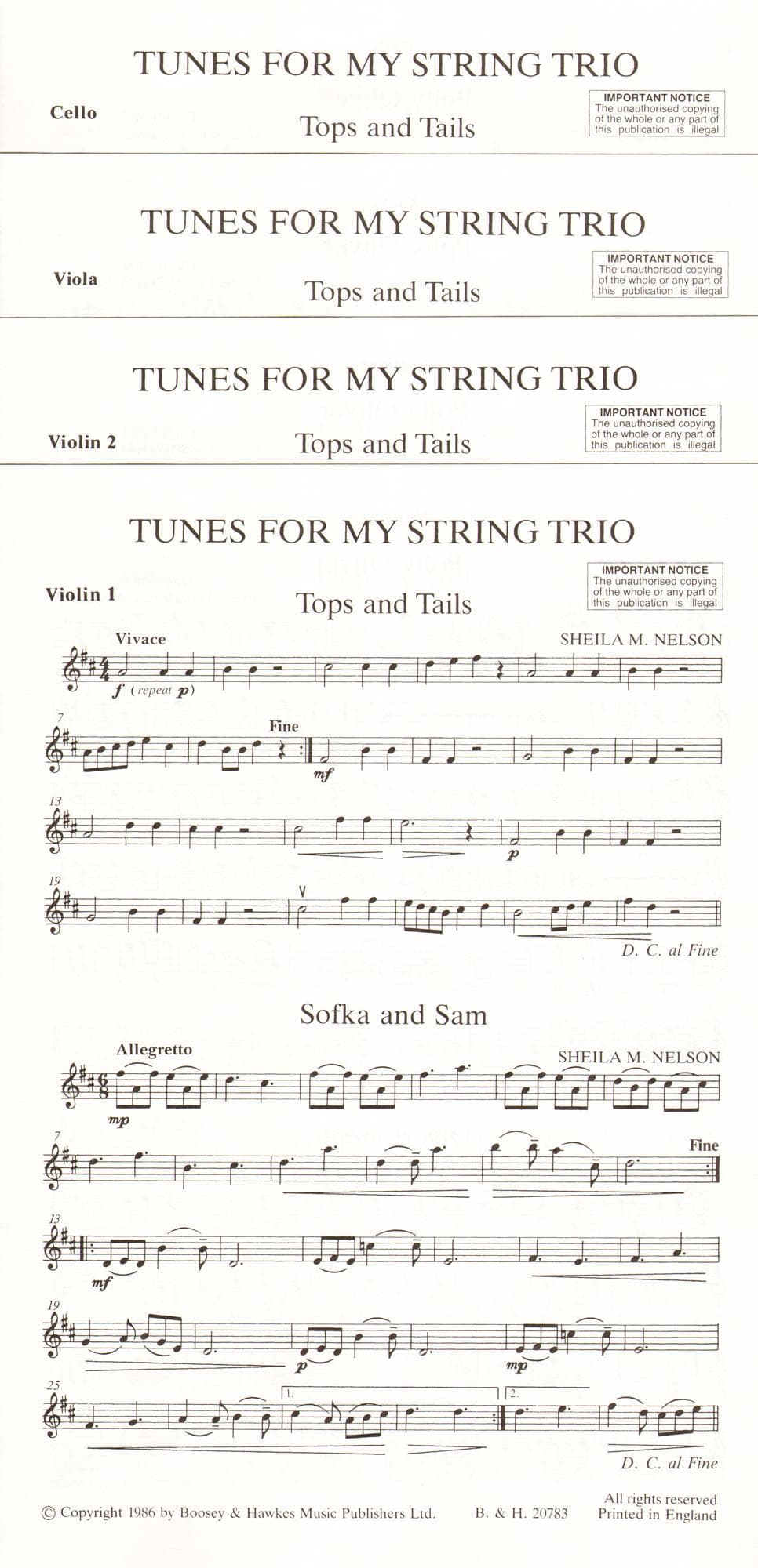 Nelson, Sheila - Tunes for my String Trio for 2 Violins and Cello (or Violin, Viola & Cello) - Published by Boosey & Hawkes