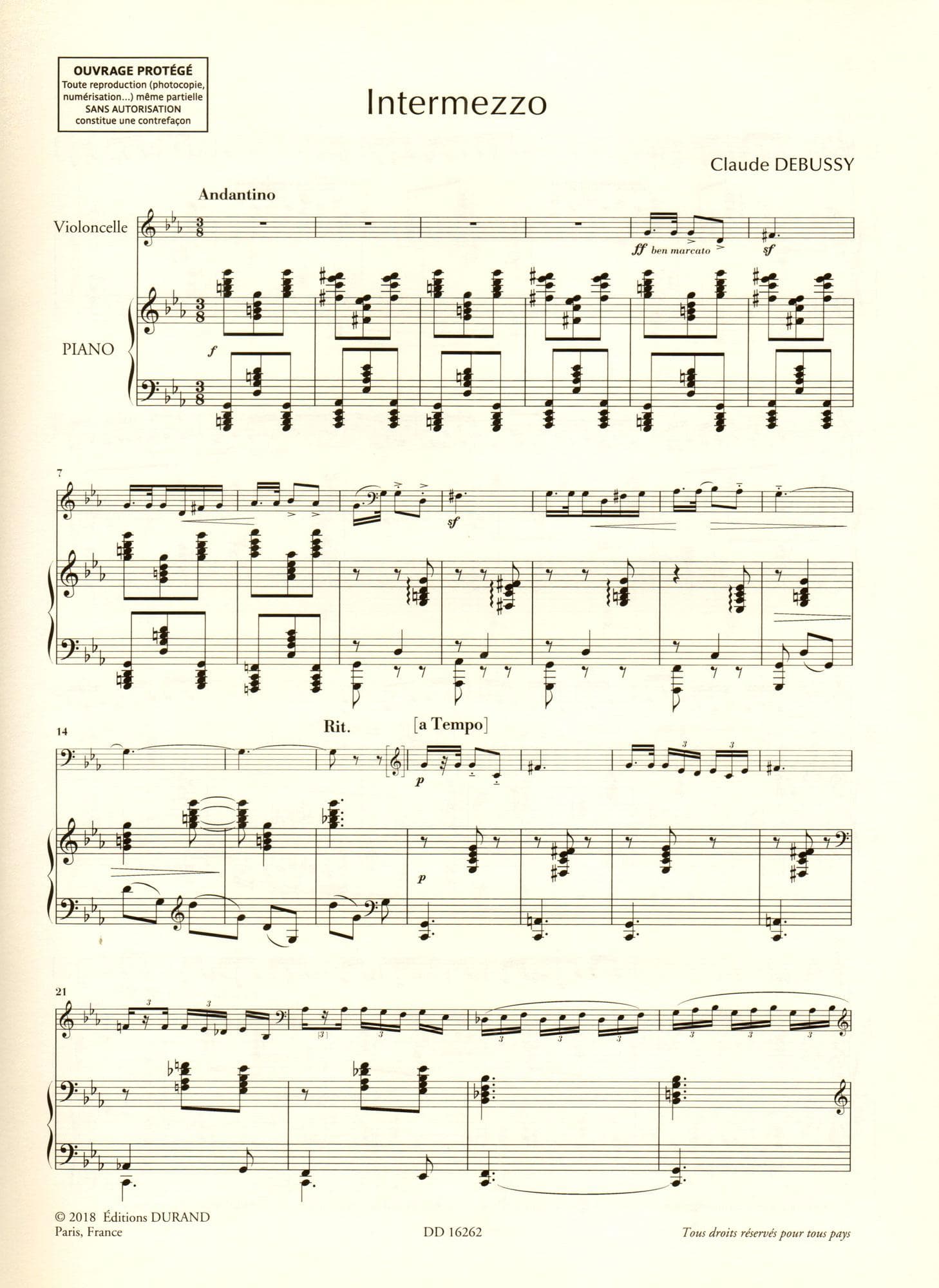 Debussy, Claude - Intermezzo for Cello and Piano - edited by Roy Howat - Durand Edition