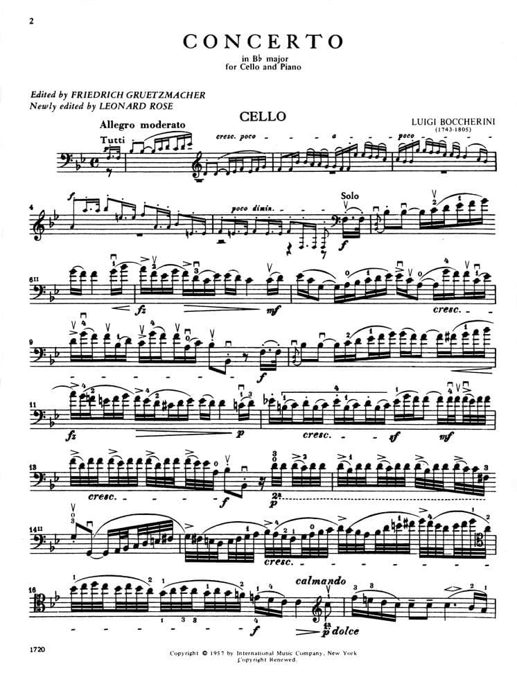 Boccherini, Luigi - Concerto in B-flat Major G 482 for Cello and Piano - Arranged by Greutzmacher-Rose - International Edition