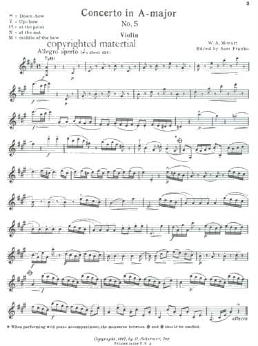 Mozart, WA - Concerto No 5 in A Major, K 219 - Violin and Piano - edited by Sam Franko - G Schirmer Edition