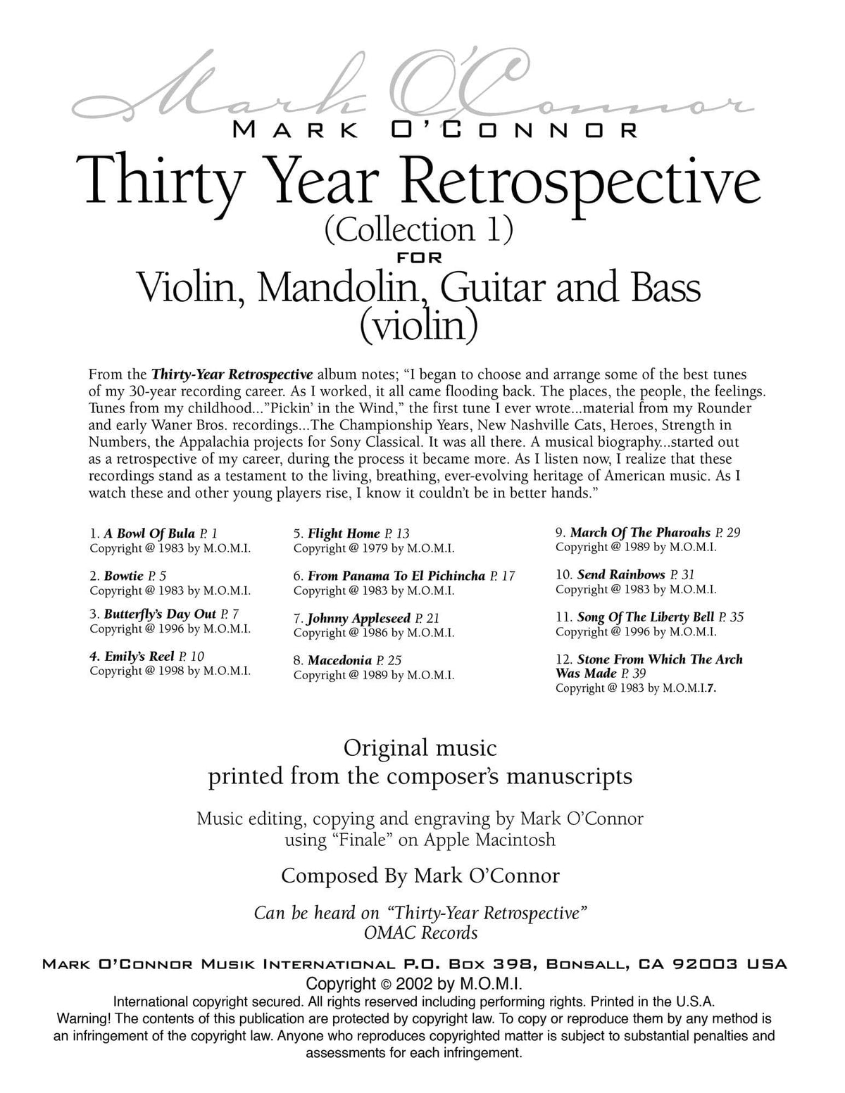 O'Connor - 30-Year Retrospective Collection 1 for Violin, Mandolin, Guitar, & Bass - Dig. Download