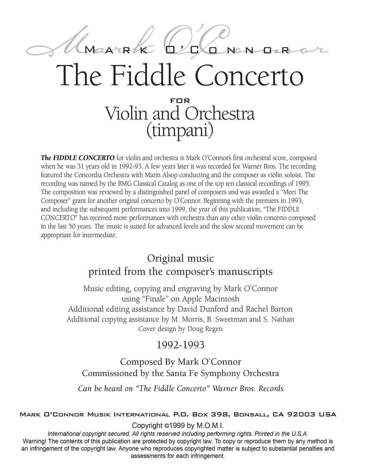 O'Connor, Mark - The FIDDLE CONCERTO for Violin and Orchestra - Percussion Parts - Digital Download