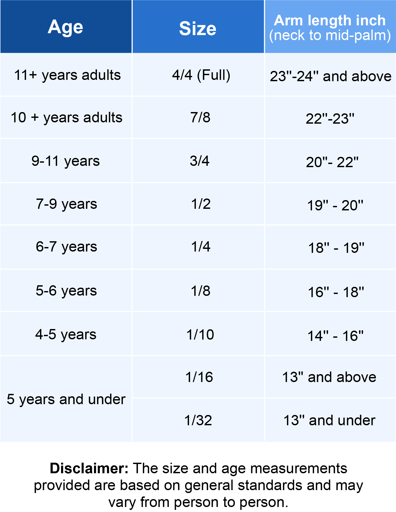 violin size chart